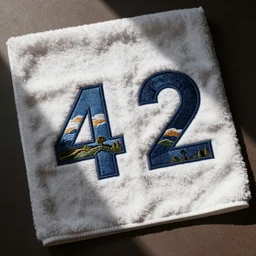 a fluffy towel with number! 4 2! embroidered on it