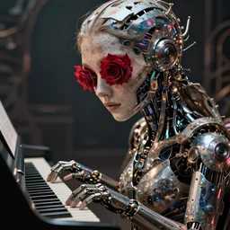 robot playing piano in ruins female face with roses instead of eyes, cyberpunk cyborg. roses, sci - fi, intricate abstract upper body intricate artwork, by tooth wu, wlop, beeple, dan mumford. concept art, octane render, deviantart, greg rutkowski, cinematic arthouse, key art, hyper realism, iridescent accents