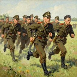 greg manchess painting of a group of men running in a field wearing military uniform, painting, trending on artstation, by huang guangjian and gil elvgren and sachin teng