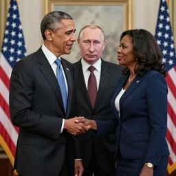 barack obama standing over putin holding an american flag and michelle obama in the other hand, romanticism, professional lighting, high detail, 4 k