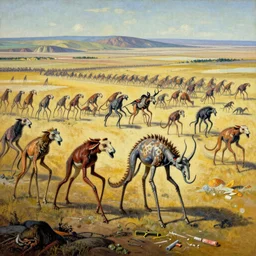 gigantic long - legged surreal creatures of the great wild plains, hd photograph painting surreal trippy numerous beasts on an open plain, sharp focus, grainy 3 5 mm texture, golden hour lighting, huge herds of vicious organisms, horizon vast biodiverse valley, painted by salvador dali with colorful pastel oils chalk