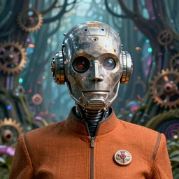 35mm portrait of a 7 of 9 borg with eye implant, on the background of a weird magical mechanical forest. Round gears visible inside her hear. Very detailed 8k.