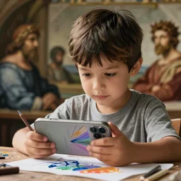 kid playing games on his iphone, painting by raphael