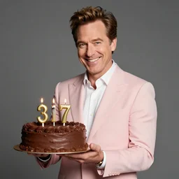 bob odenkirk, grinning, wearing a light - pink suit, holding a chocolate birthday cake, numbered candles thirty - seven, studio photograph, cinematic lighting