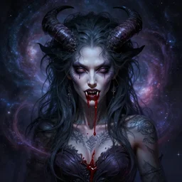 a wlop 3 d render of very very very very highly detailed beautiful mystic portrait of a phantom undead succubus with whirling galaxy around, blood on fangs, tattoos by anton pieck, intricate, extremely detailed, digital painting, artstation, concept art, smooth, sharp focus, illustration, intimidating lighting, incredible art,