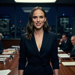 a portrait photograph of a smug woman as natalie portman executive in a business dress in a board room with vampire fangs, black hair, low light, highly detailed, night skyline outside window in background, 4 k, cinestill 8 0 0 t, exif, photography by andreas franke