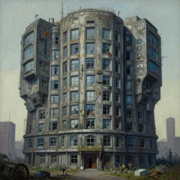 a painting of a strange looking building with a lot of windows, cyberpunk art by Zdzisław Beksiński, cgsociety, pop surrealism, steampunk, sci-fi, dystopian art