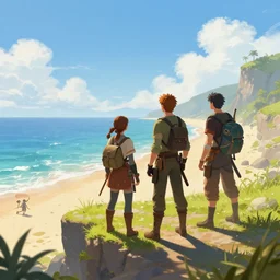four dnd adventurers standing on a cliff looking at the beach, sunny, fantasy art, epic, 4 k