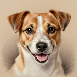 happy and cute face of jack russel terrier, face only, smile, pencil drawing, pastel, by marc simonetti