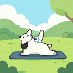 a still frame illustration of a an astronaut dog doing yoga in a summer green park by quint buchholz, cheng hsiao - ron, wes anderson, fujita goro, edward hopper, rene magritte, simon stalenhag, fine details, ornate
