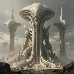 brutalist alien civilization, matte painting by Martin Deschambault, featured in artstation, octane render, cinematic, elegant, intricate, 8k, scifi
