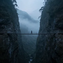 a man walks across a bridge that traverses a deep mist-filled canyon. Volumetric lighting, dusk