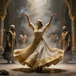 tyrkisk sufi dance, sufi, arabic words, bysintine, gothic, 4 k, smokey, michael whelan, peter mohrbache, giovanni paolo panini style epic, volumetric light, insanely detailed, realistic, 8 k, unreal engine render, artstation trends, hyper detail, epic art style, cinematic, concept art, soft white gold lights
