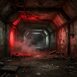 ruined, abandoned, underground metro station, seen from inside. Diffused light red flares on the ground. Smoke. Dirt, leaves on ground. Unreal Engine. Substance painter. Zbrush. Trending on artstation. 8K. Highly detailed.