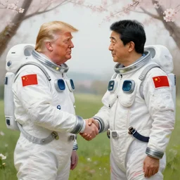 donald trump and shinzo abe facing each other off dressed in spaceship pilot dresses shaking hands, portrait, illustration, rim light, top light, perfectly shaded, spring time, slight overcast lighting, soft painting, art by krenz cushart and wenjun lin