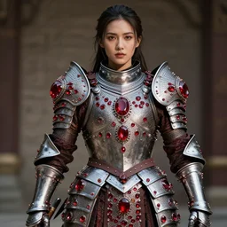 photograph of a real-life female warrior with ruby encrusted armour.  Extremely detailed. 8k