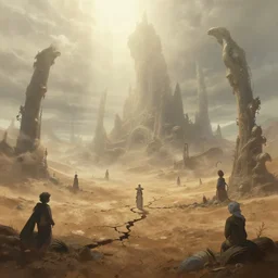 a crackled and desertic alien planet, a view to an eerie fantasy world, matte painting, ethereal back light, mist, coherent composition, detailed fantasy painting by artgerm, noriyoshi ohrai, yuumei, stephen bliss, unreal engine, fantasy art by greg rutkowski, loish, rhads, ferdinand knab, makoto shinkai, lois van baarle, ilya kuvshinov, rossdraws, tom bagshaw, alphonse mucha, global illumination, radiant light, detailed and intricate environment
