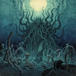 ukiyo-e of Cthulhu rising from the depths