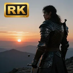dark armor warrior looking at the horizon on top of a mountain with a sword, close shot from the side, sunset, cinematic, epic, dark scenario, 8k, award winning,