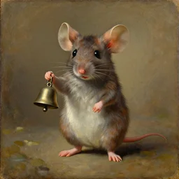 an old oil painting of a cute mouse standing on two legs and holding a round bell, trending on artstation