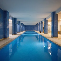 Endless corridor of pools, lowly lit, professional photo, blue tiles