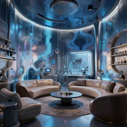 Sci fi living room research laboratory, electric wallpaper, unreal engine 5 tech demo, zillow interior, cool tint, metallic reflective, octane render, Frank Lloyd Wright ((Studio Ghibli))