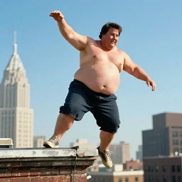 an overly obese tom cruise jumping from building to building on the roof, hyperrealism, 4 k