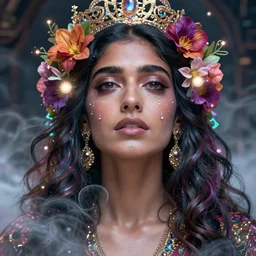 jameela jamil, portrait, colorful and vibrant majestic, royal, open wide eyes, drops of tear with flowers on her hair, glowing light orbs, intricate concept art, elegant, digital painting, smooth, sharp focus, ethereal opalescent mist, outrun, vaporware, cyberpunk darksynth, ethereal, ominous, misty, 8 k, by ruan jia and miho hirano, rendered in octane