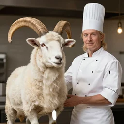 sheep ram with horns as a chef with blonde hair