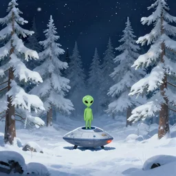 a smallalien spaceship on the snowy ground in a forest of white fir trees at night. snowing. cyril roland. jim burns. naomi okubo. trending on artstation. digital painting.