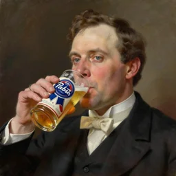 painting of a portrait ofVictorian Era president Hank Hill drinking a Pabst Blue Ribbon beer, realistic