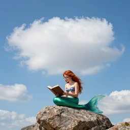 a mermaid reading a book, photorealistic, red hair, perched on a rock, wearing glasses, big blue sky, tall fluffy clouds, rule of thirds, medium wide shot, subject center bottom of frame