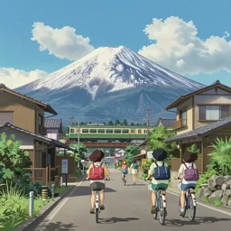 blue sky and white clouds, mount fuji in the distance, and a train speeding by in the middle view. close up a japanese villa, girls riding bicycles and carrying school bags on an uphill road, by miyazaki hayao
