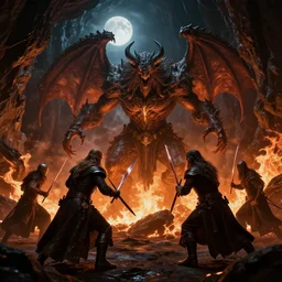 dark fantasy, movie the lord of the rings, wizard battle with the balrog in fire filled caves, cinematic, octane render, art station, dramatic lighting, beautiful moonlight night, concept art, rococo, photorealistic, intense detail, 8 k