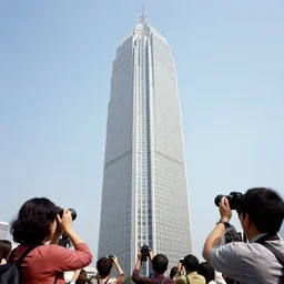 the gigantic tower, 1960's photo, award winning, people taking photos with big cameras