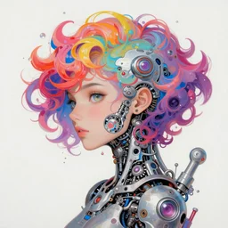 a digital painting of a woman with colorful hair, the paiting made of curly and splashing liquid and bubbles, intricate mechanical details, futuristic, a pop art painting by tomokazu matsuyama, behance contest winner, psychedelic art, psychedelic, 2 d, digital illustration, trending on artstation, anime stylized, accurate fictional proportions, high delicate defined details, ethereal lighting