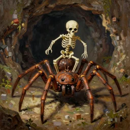 spider jockey from Minecraft,giant spider and a human skeleton, the skeleton is mounting the spider, inside of a cave, oil painting