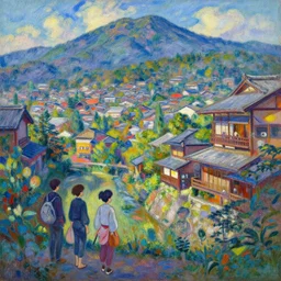 a beautiful japanese city in the mountain, amazing ryokans and gorgeous edo era houses, fantastic characters in the scene looking at this immense landscape, epic cyberpunk, lofi vibe, colorful, vivide colors, amazing light, really beautiful nature, oil painting in impressionist style, by jeremy lipkin, by claude monet, by makoto shinkai, kandinsky touches, multiple brush strokes, inspired by ghibli, masterpiece, beautiful