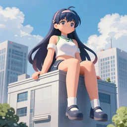 giant 50 foot tall anime girl sitting on a building by wlop
