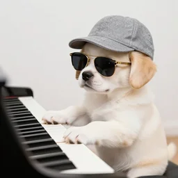 a puppy wearing a hat and sunglasses playing a piano