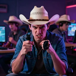 angry video game players, rage quitting, while wearing a cowboy hat