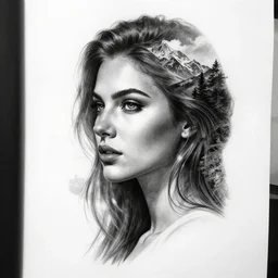 tattoo design sketch of a beautiful woman face blended with a faded background of beautiful mountains and nature on her side, hyper - realistic, in the style of den yakovlev, amazing detail, black and white