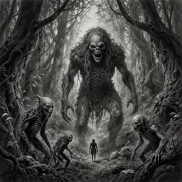 an ultra realistic very complex high detailed horror fairy dark forest with creepy monster and creatures, pencil drawing