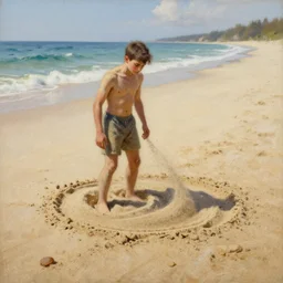 a full shot of a little man made of sand, standing on a beach, slowly melting into sand, intricate details, art by franz kafka, contest winner, fantasy art, oil on canvas