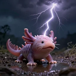 shocked Axolotl hit by lightning from the sky in a small puddle, thunder, dramatic, dark, fantasy, digital art, hyperrealistic, Greg Rutkowski, Trending on Artstation, highly detailed