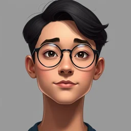 cute portrait of a round headed young man with black hair and circular glasses, clean shaven, trending on artstation, facial symmetry,