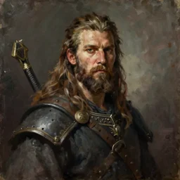 a full view fantasy portrait oil painting illustration of a single rugged stoic barbarian man by Justin Sweet with face and body clearly visible, d&d, rpg, forgotten realms, artstation trending, high quality, sombre mood, artstation trending, muted colours, no crop, entire character!,