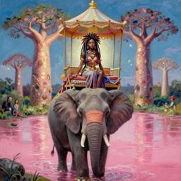 a regal and voluptuous african queen with colorful dreadlocks sitting in a cabana on top of a enormous elephant near a pink river with a large glowing baobab tree, by amanda sage and alex grey and evgeni gordiets in a surreal psychedelic style, symmetrical, detailed eyes, oil on canvas 8k, hd