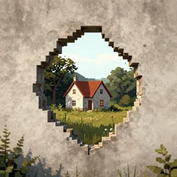pixel sorting rift in holescape peering through to small cottage