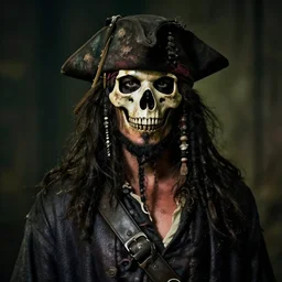 70mm photo of a dirty rugged old pirate lord wearing a Skull Bone Hard Mask dirty old black hat, worn black coat, long black beard and long black hair, dark scene with dim light, movie scene, depth of field